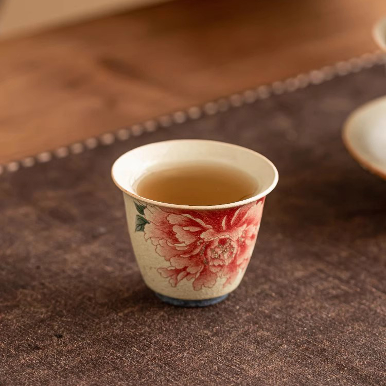 Firestone Red Gilded Peony Porcelain Tea Cup (41ml) - Image 7