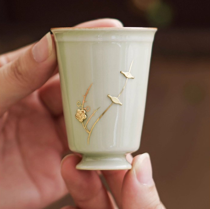 Celadon Secret Glaze Copper Inlay Porcelain Tea Cup (49ml) - Image 3