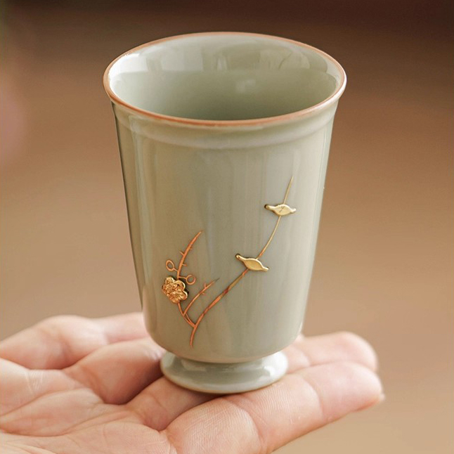 Celadon Secret Glaze Copper Inlay Porcelain Tea Cup (49ml) - Image 6