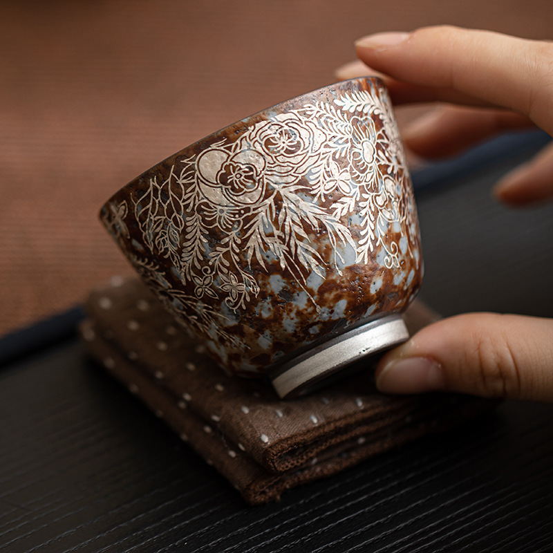 Gilded Silver Floral Porcelain Tea Cup (100ml) - Image 4