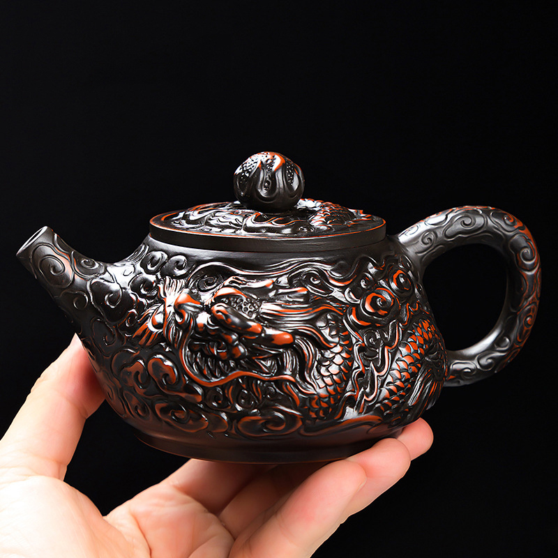 Double Dragon Relief Purple Clay Teapot (300ml) - Image 2