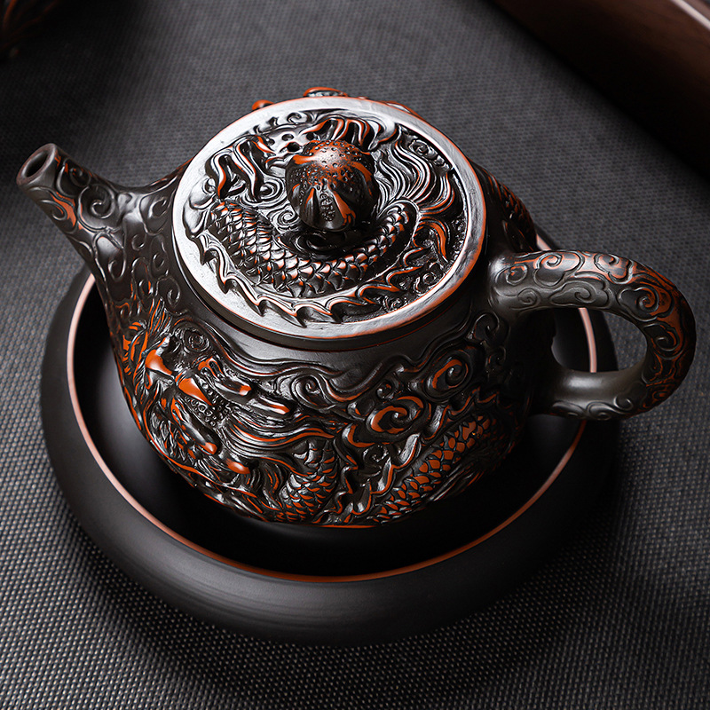 Double Dragon Relief Purple Clay Teapot (300ml) - Image 3