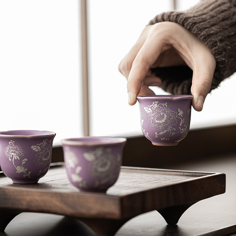 Purple Ru Ware Gilded Silver Peony Porcelain Tea Cup (60ml) - Image 3