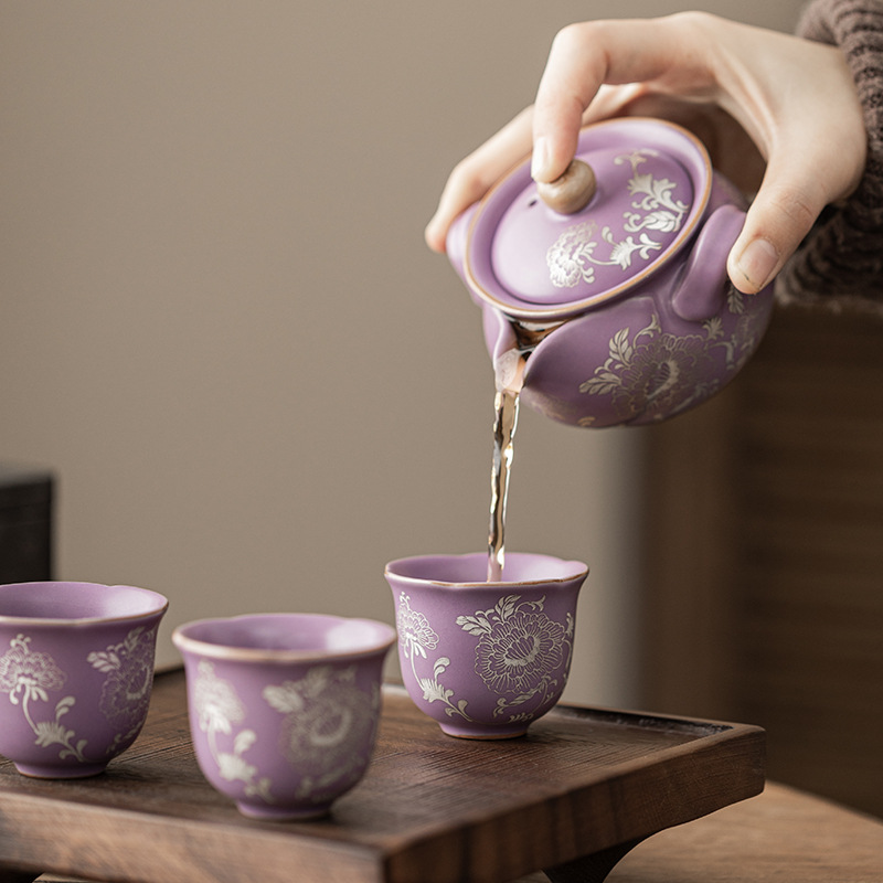 Purple Ru Ware Gilded Silver Peony Porcelain Tea Cup (60ml) - Image 4
