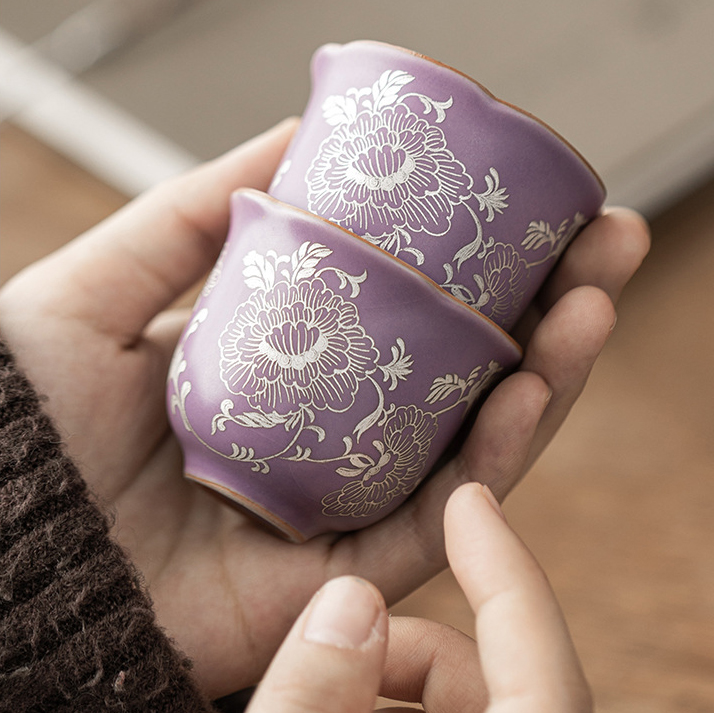 Purple Ru Ware Gilded Silver Peony Porcelain Tea Cup (60ml) - Image 5