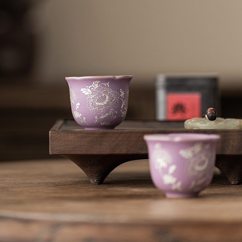 Purple Ru Ware Gilded Silver Peony Porcelain Tea Cup (60ml) - Image 6
