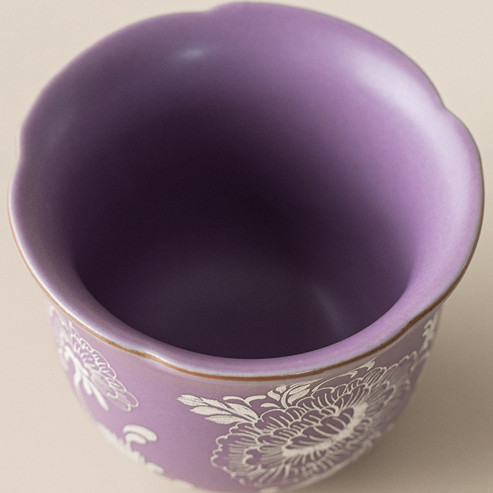 Purple Ru Ware Gilded Silver Peony Porcelain Tea Cup (60ml) - Image 8