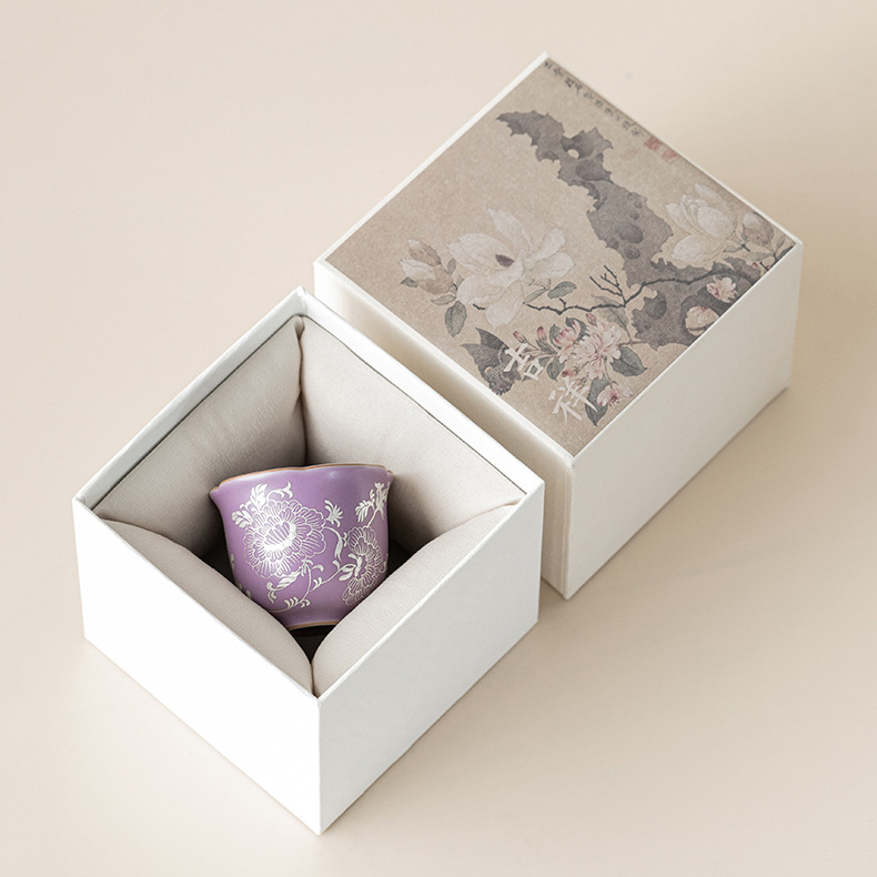 Purple Ru Ware Gilded Silver Peony Porcelain Tea Cup (60ml) - Image 10