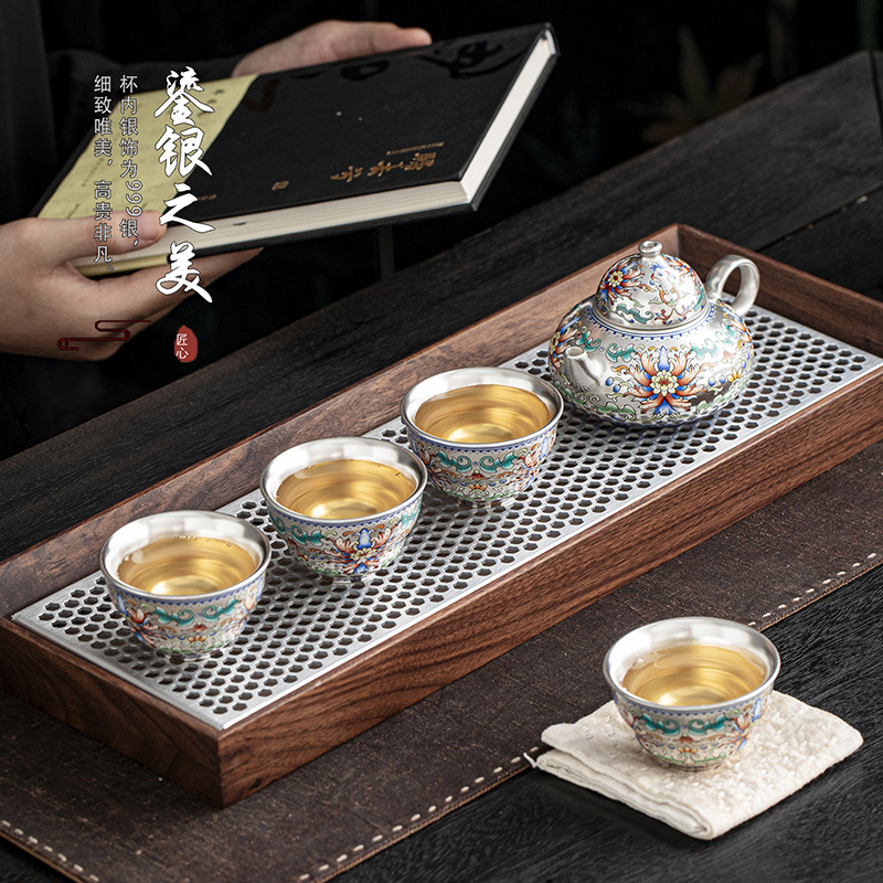 Silver-Inlaid Lingxiao Flower Porcelain Tea Set - Image 4