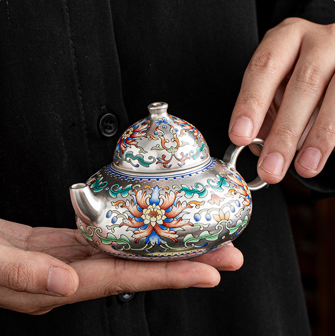 Silver-Inlaid Lingxiao Flower Porcelain Tea Set - Image 6