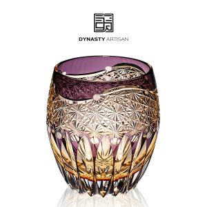 Aurora Edo Kiriko whiskey glass golden purple star wave hand carved crystal tumbler, Dynasty Artisan