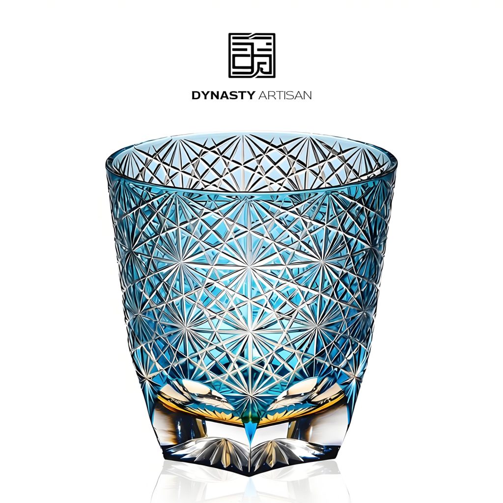 Bellis Edo Kiriko whiskey glass icy blue daisy hand carved crystal tumbler, Dynasty Artisan