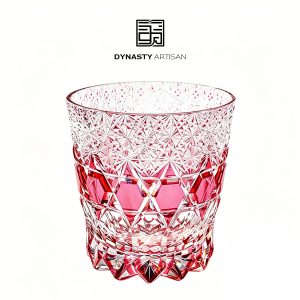Chrysos Edo Kiriko whiskey glass golden-red fluorite hand carved crystal tumbler, Dynasty Artisan