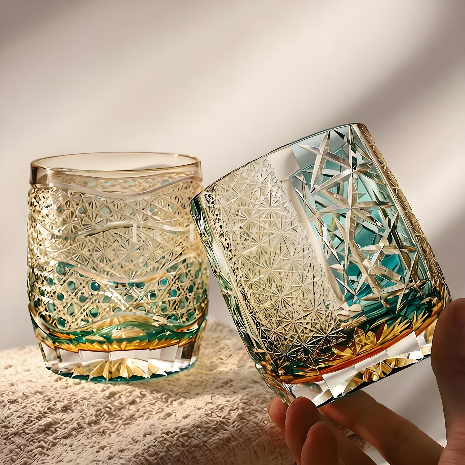 Collectible delicate string-cut Edo Kiriko crystal barware