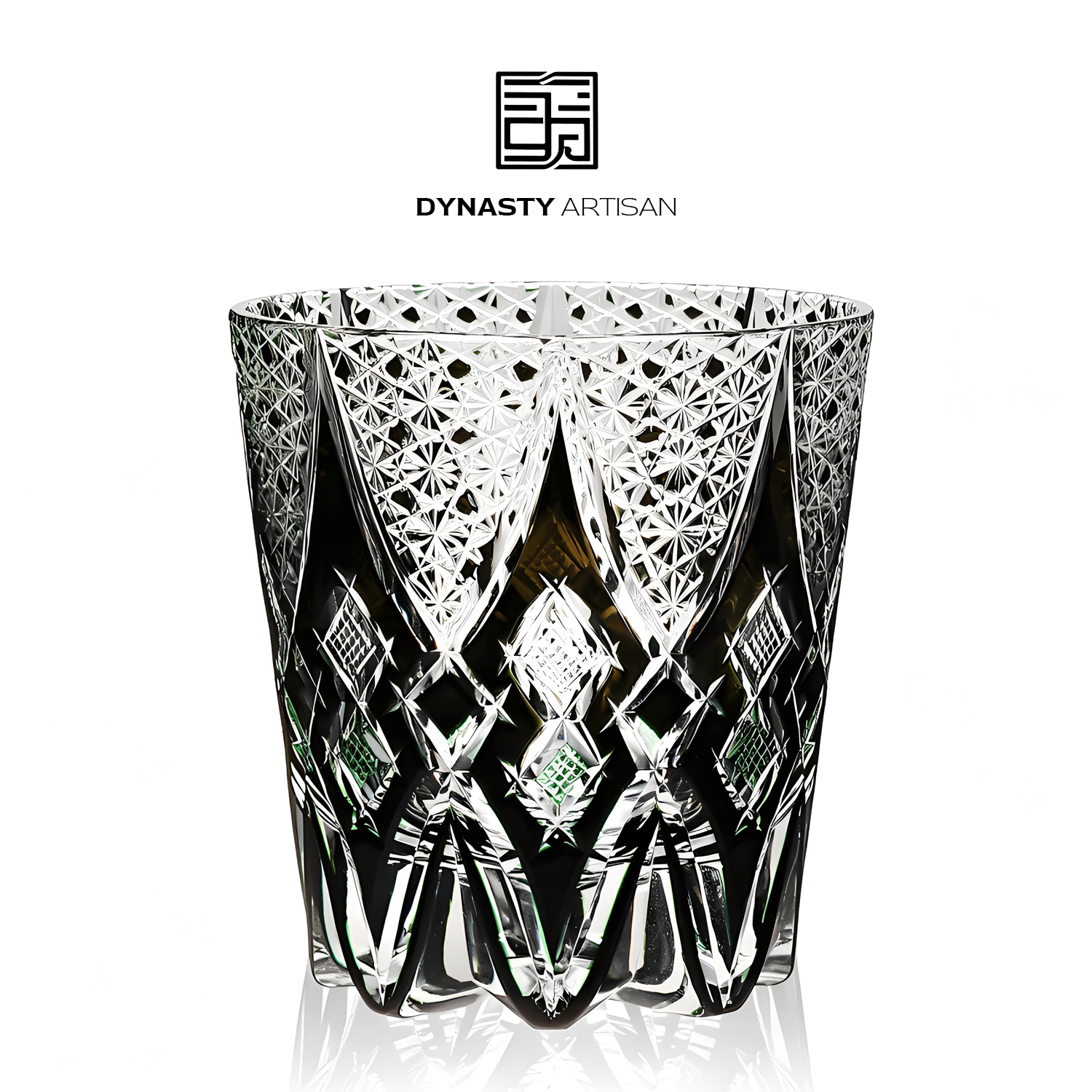 Lunareth Edo Kiriko whiskey glass mysterious night elf hand carved crystal tumbler, Dynasty Artisan