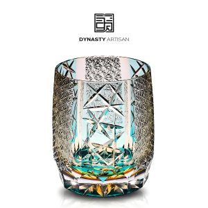 Lyre Edo Kiriko whiskey glass delicate qin string hand carved crystal tumbler, Dynasty Artisan
