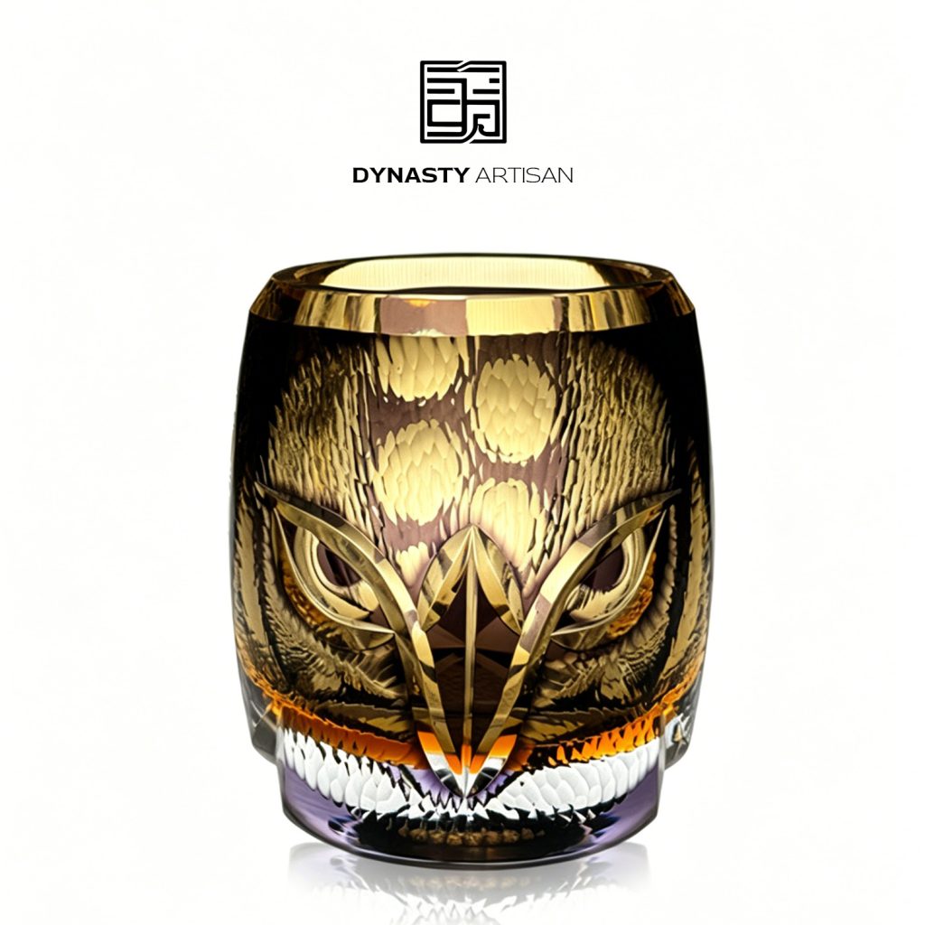 Owl Edo Kiriko whiskey glass hand carved crystal tumbler, Dynasty Artisan