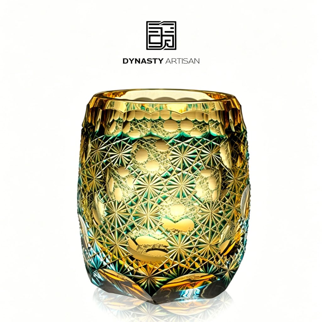Pleiades Edo Kiriko whiskey glass amber-green hand carved crystal tumbler, Dynasty Artisan