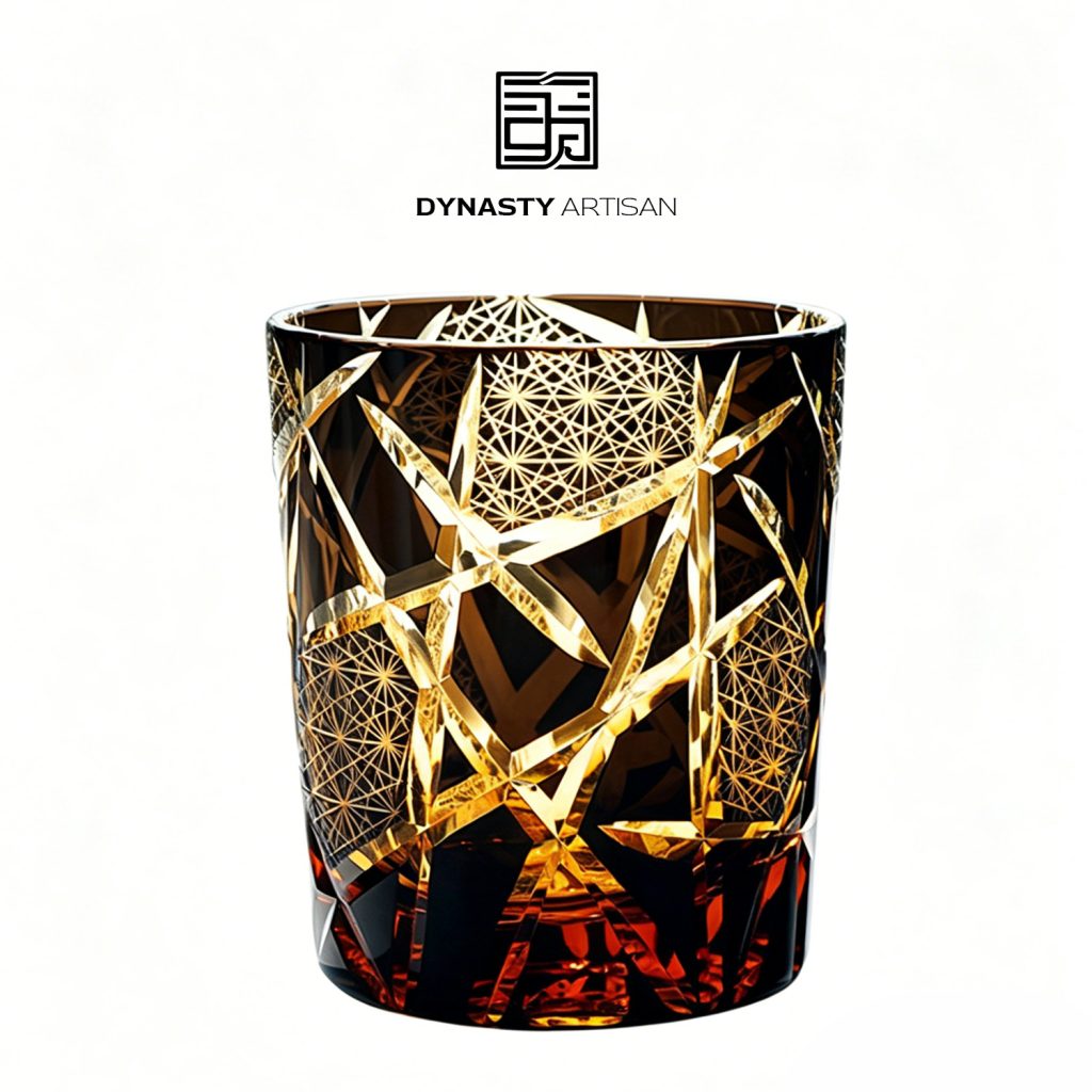 Ragnarok Edo Kiriko whiskey glass hand carved crystal tumbler, Dynasty Artisan