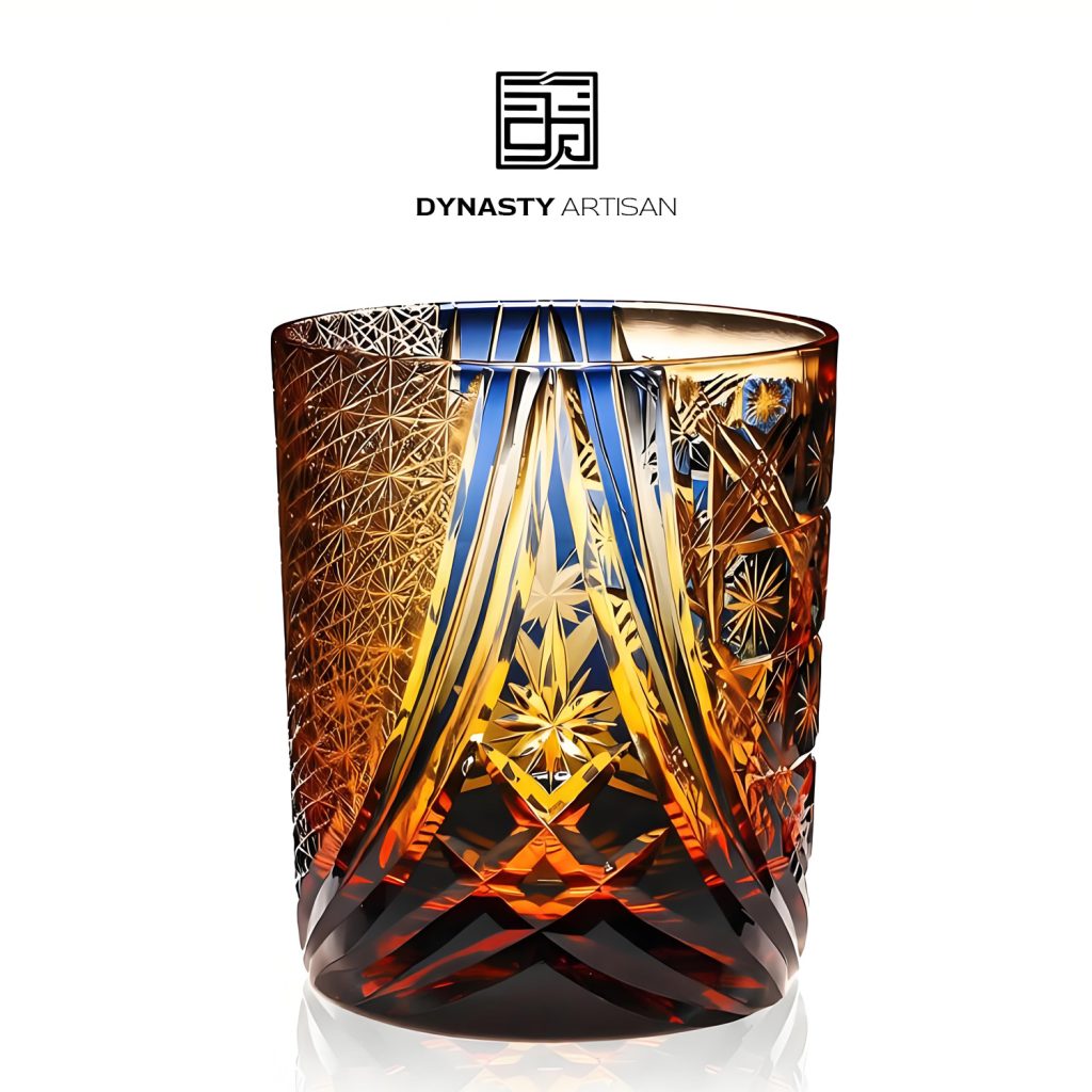 Vault Edo Kiriko whiskey glass gilded dome hand carved crystal tumbler, Dynasty Artisan
