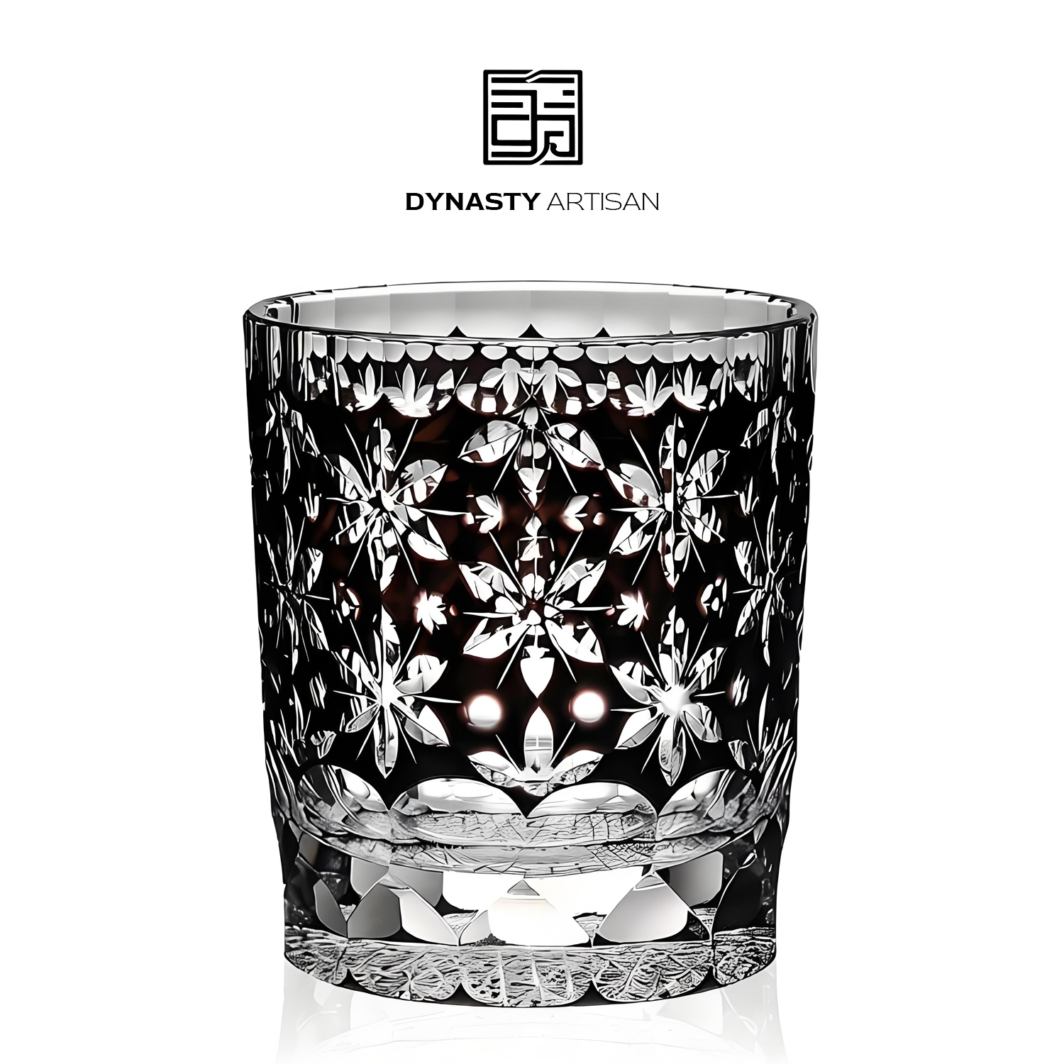 Windsor Edo Kiriko whiskey glass classic floral emblem hand carved crystal tumbler, Dynasty Artisan