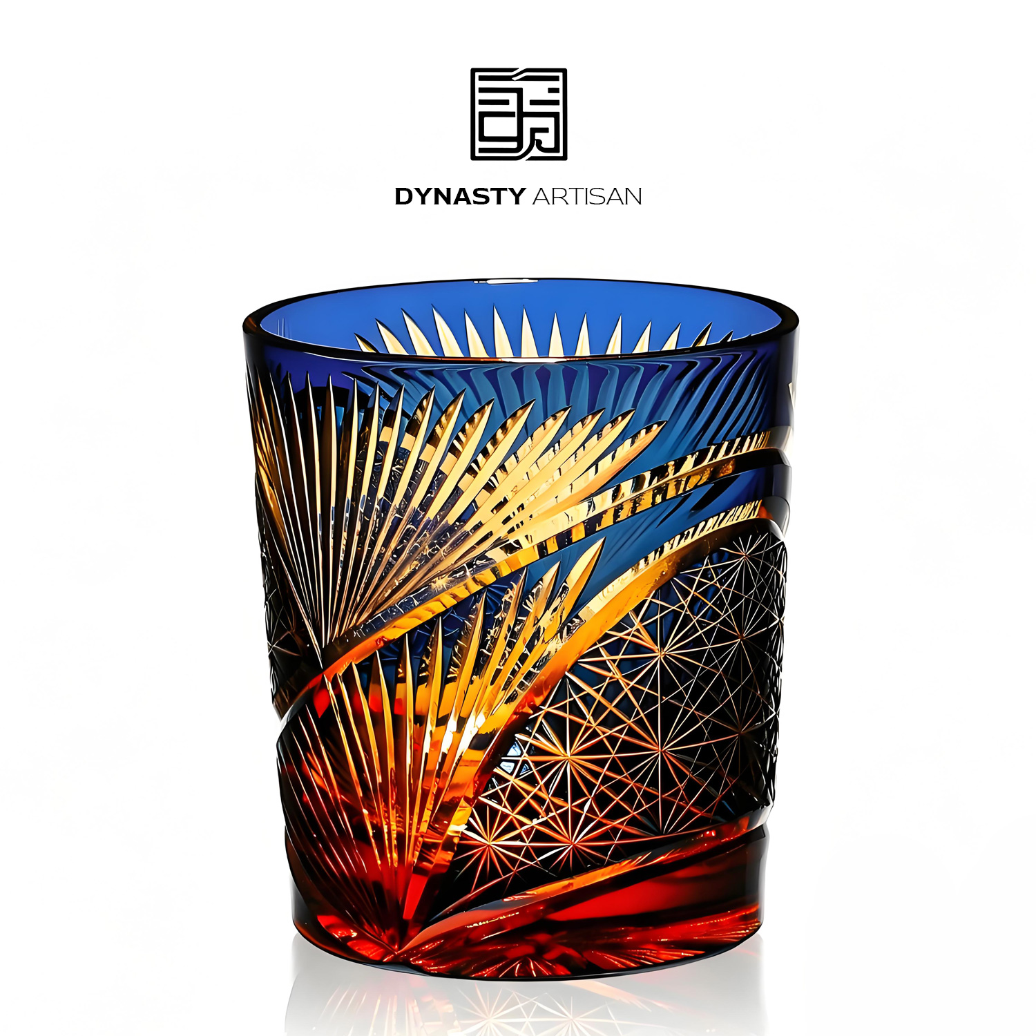 Aurelius Edo Kiriko whiskey glass warm golden crystal layered hand carved tumbler, Dynasty Artisan