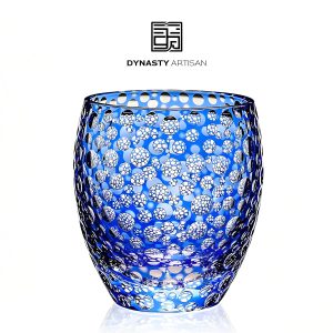 Celvah Edo Kiriko whiskey glass translucent blue crystal bubble hand carved tumbler, Dynasty Artisan