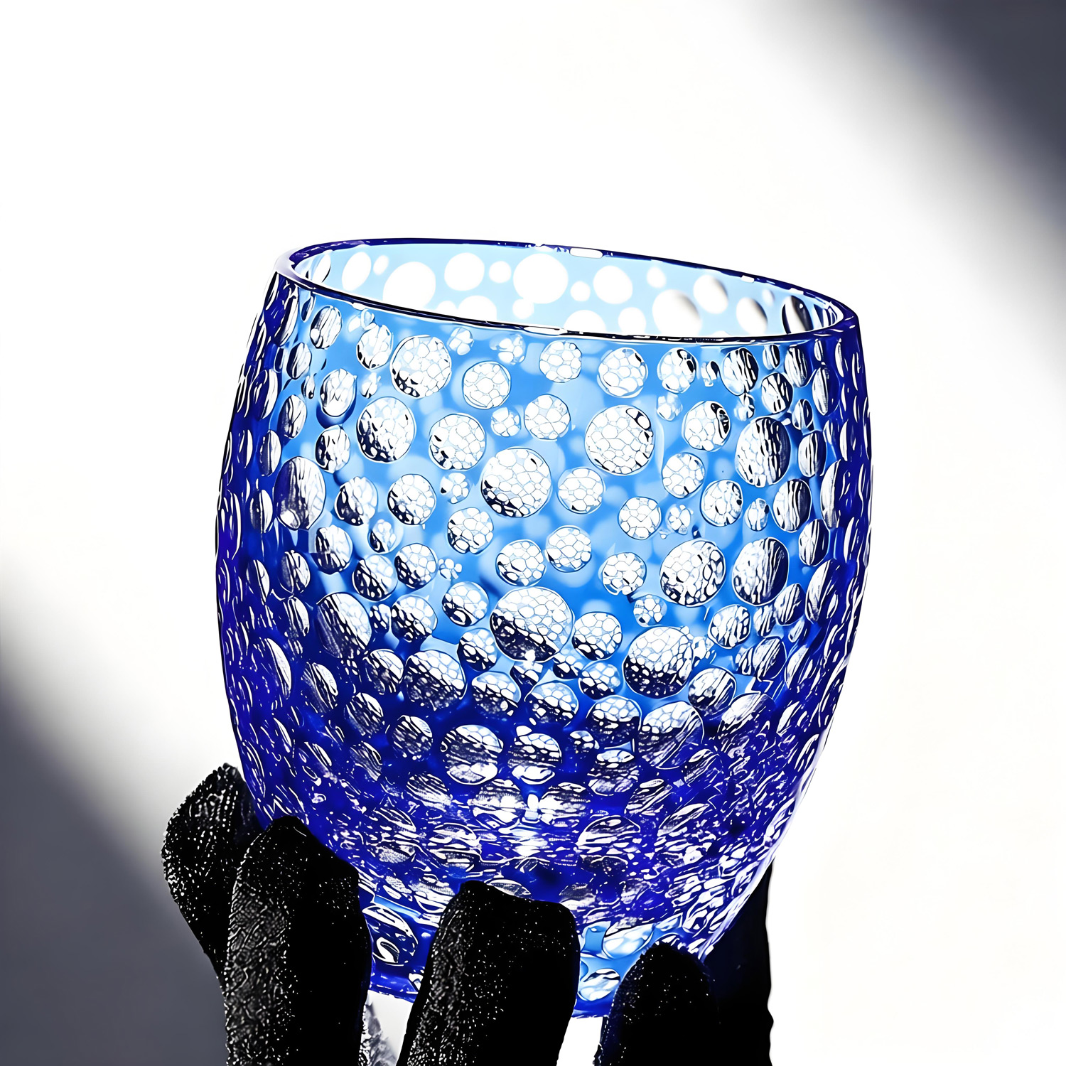 Dreamy blue bubble facet Celvah Edo Kiriko glass closeup