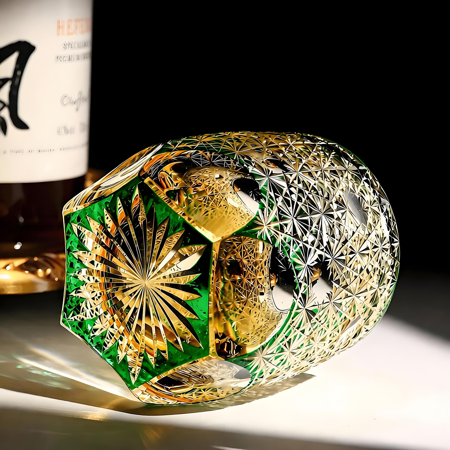 Flowing algae-style facet Lamara Edo Kiriko glass closeup