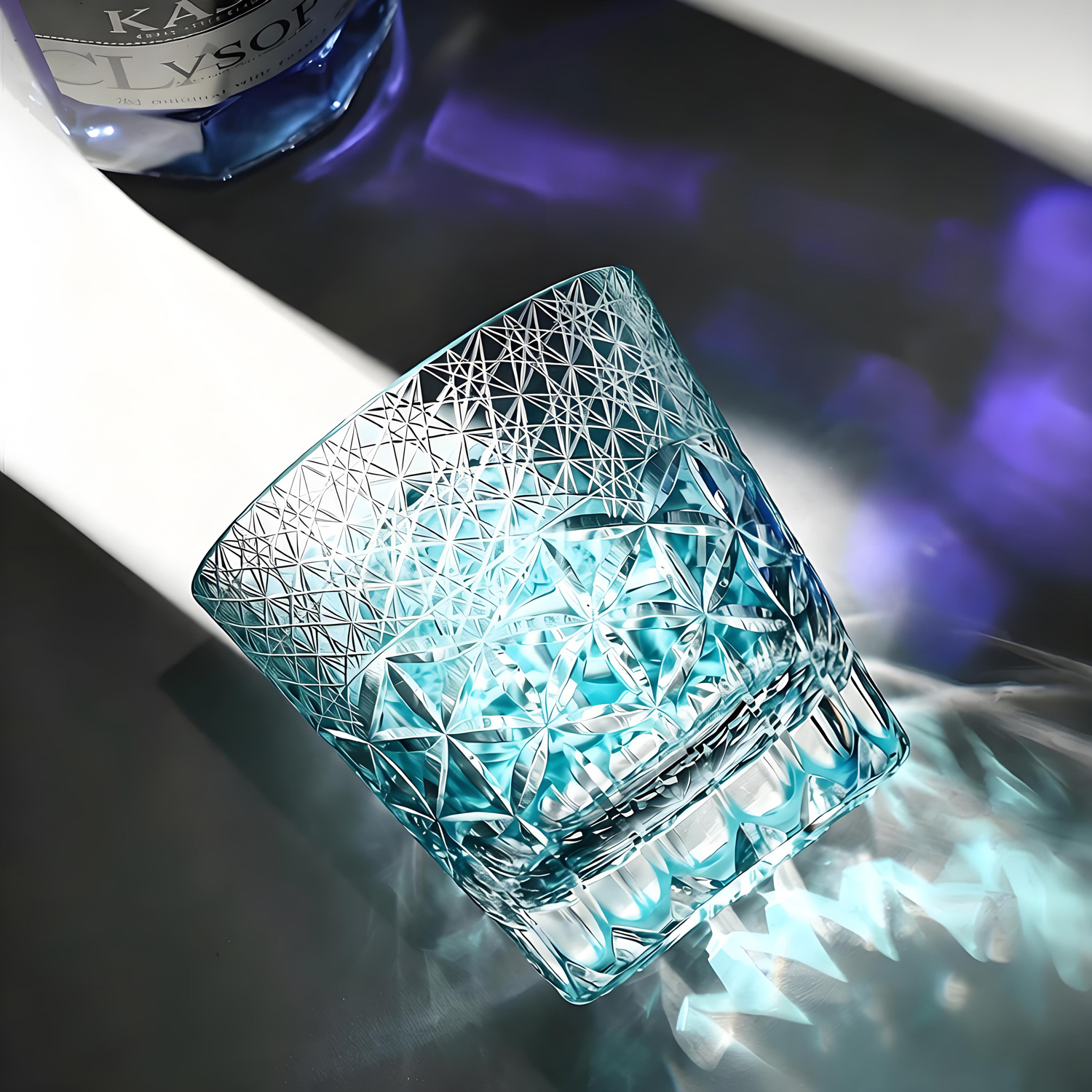 Hazy dreamscape layered facet cut Somnira Edo Kiriko glass closeup