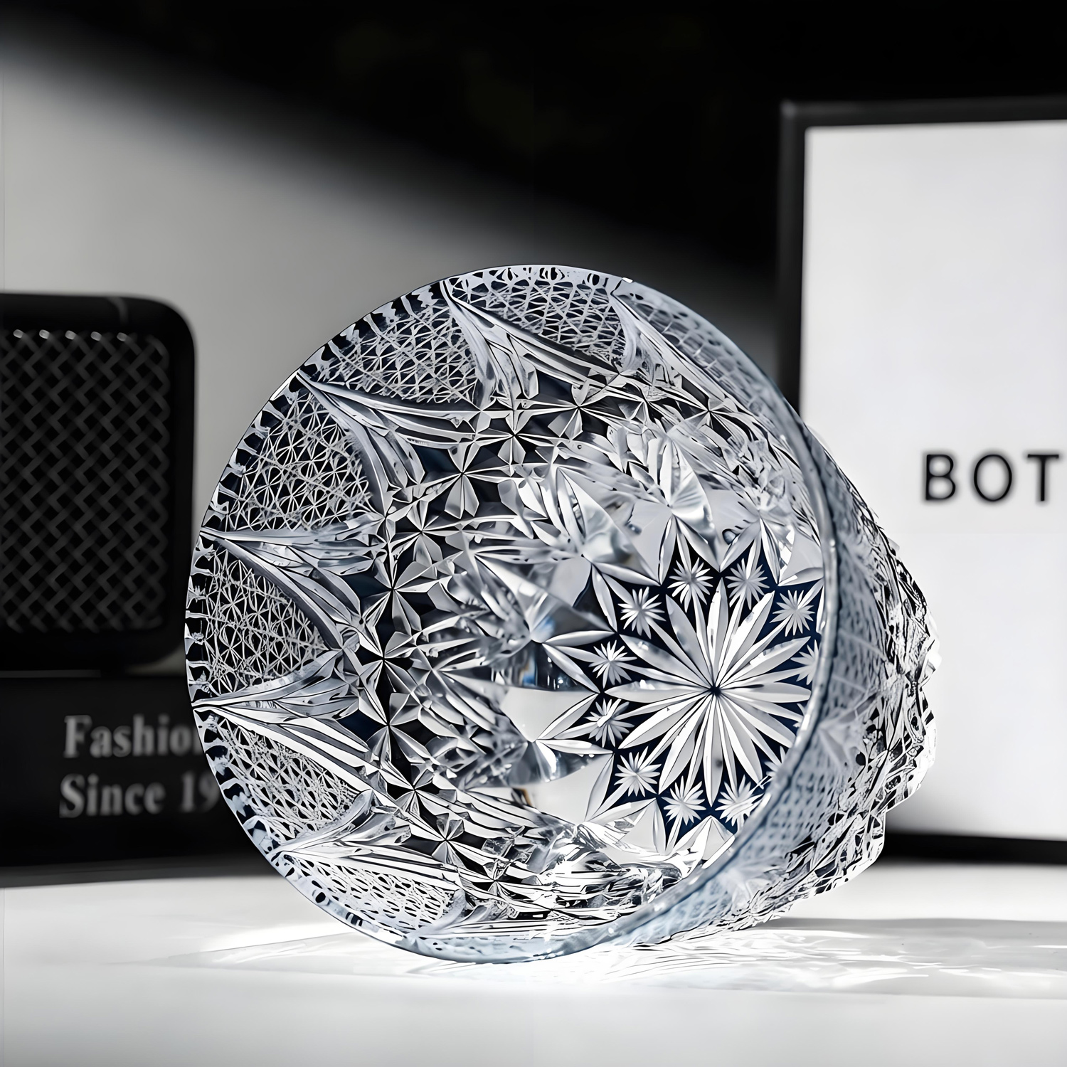Layered blooming petal cut Florae Edo Kiriko glass closeup