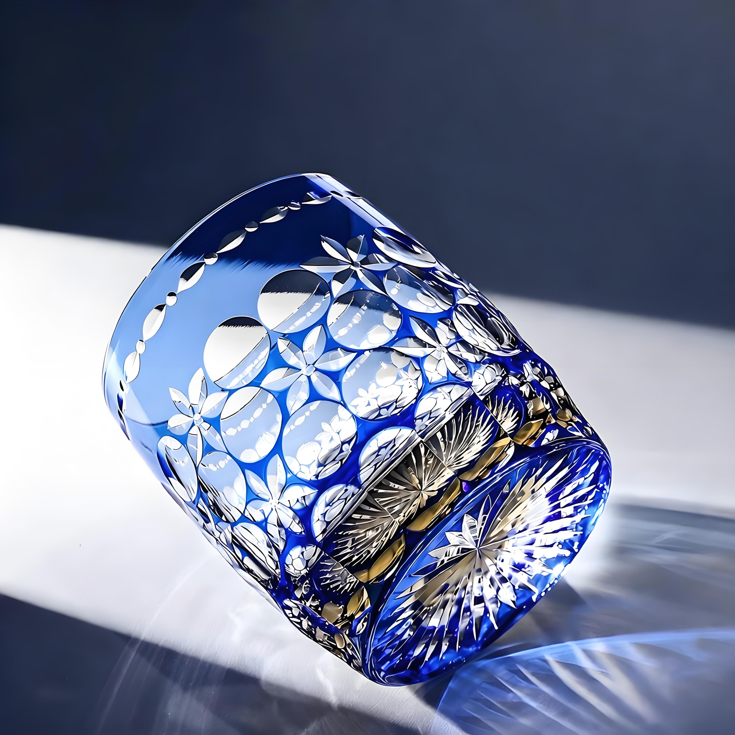 Mild jade crystal Miyamai Edo Kiriko glass flowing facet closeup