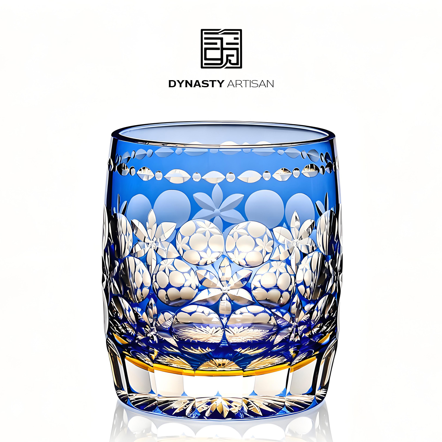 Miyamai Edo Kiriko whiskey glass soft jade crystal fluent hand carved dancing facet tumbler, Dynasty Artisan