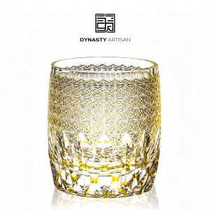 Shinra Bansho Edo Kiriko whiskey glass warm yellow crystal interwoven hand carved tumbler, Dynasty Artisan