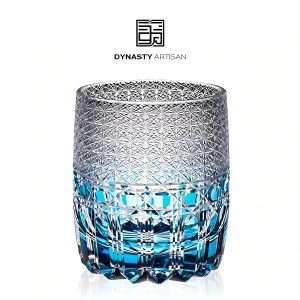 Stellazur Edo Kiriko whiskey glass hazy blue translucent woven star hand carved tumbler, Dynasty Artisan