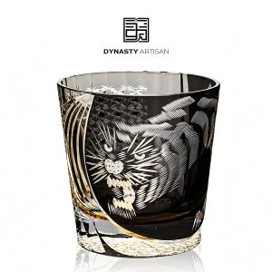 Tiger Edo Kiriko whiskey glass transparent crystal bold stripe hand carved tumbler, Dynasty Artisan