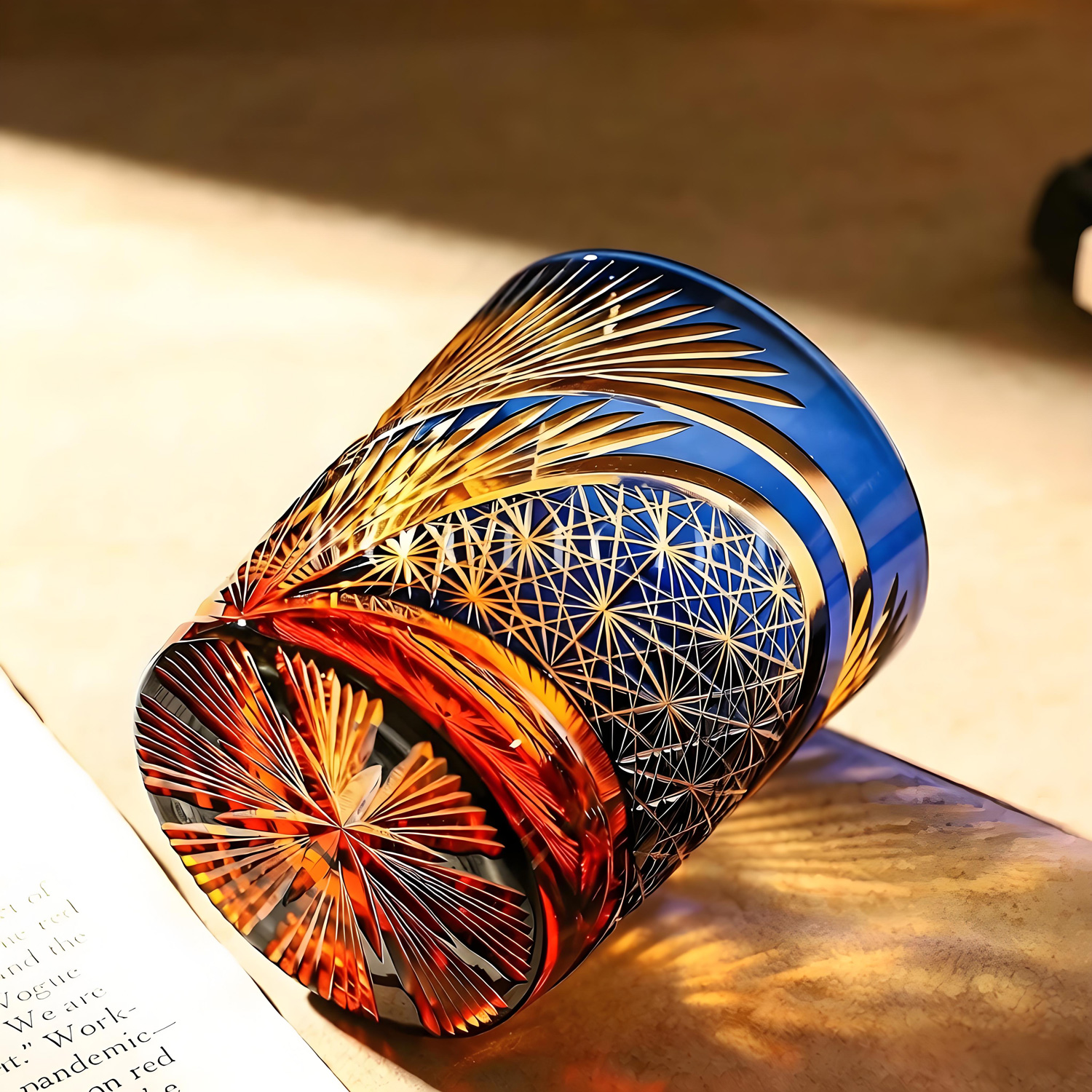 Warm golden crystal Aurelius Edo Kiriko glass layered facet closeup