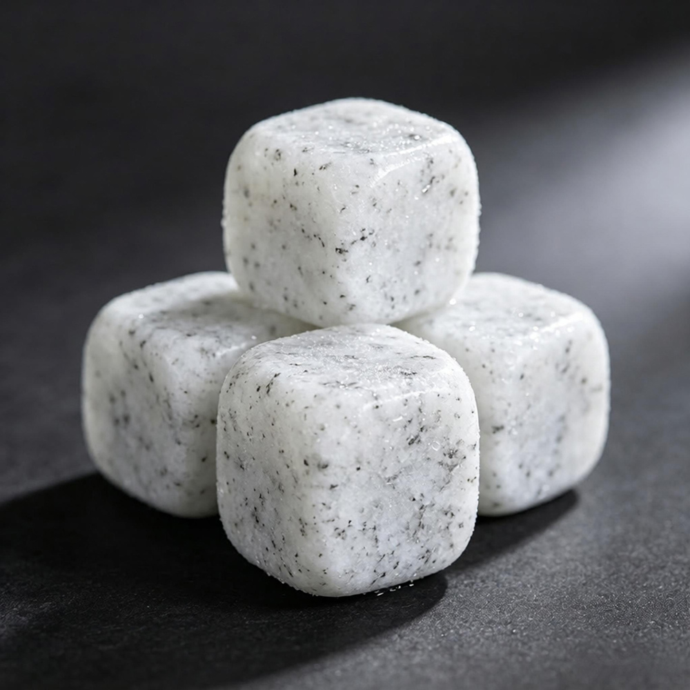 Close-up polished white granite whiskey ice stones texture