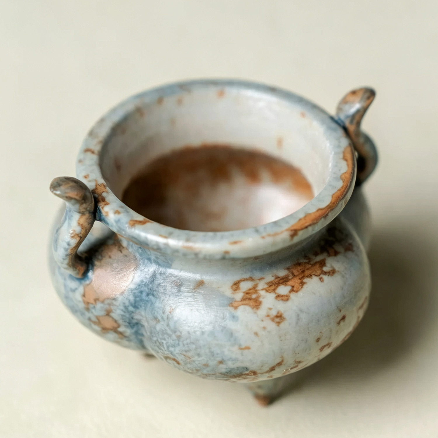 Close‑up view of antique mottled glaze tripod ceramic censer with dual handles