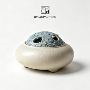 Dynasty Artisan cloud relief gilded ceramic incense burner with open lid and coil incense