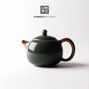 Dynasty Artisan dark green crackle glaze teapot full front view