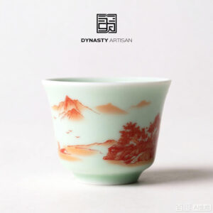 Dynasty Artisan hand-painted golden autumn celadon porcelain tea cup over-glaze scenic design