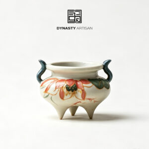 Dynasty Artisan koi lotus ceramic incense burner tripod censer with hand‑painted fish and lotus