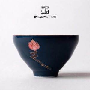 Dynasty Artisan navy blue lotus ceramic tea cup with embossed floral gold details