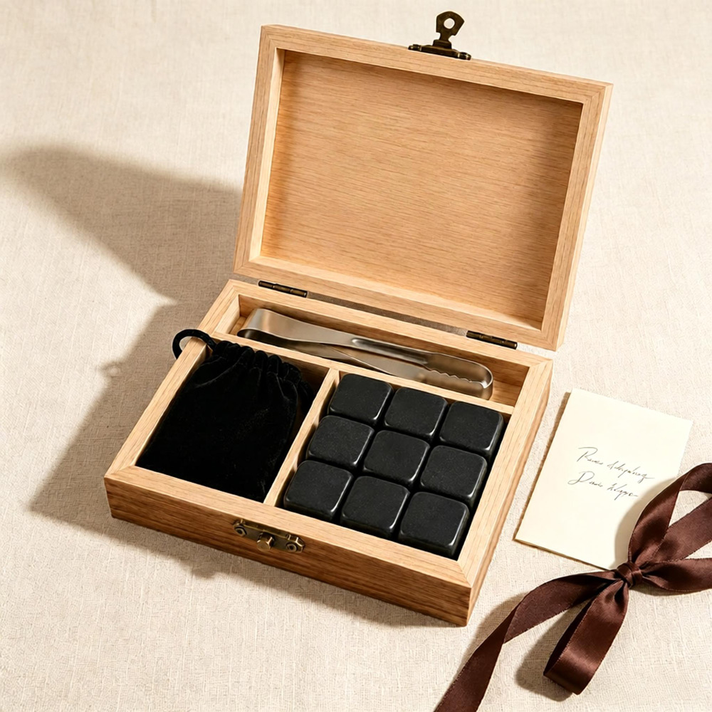 Luxury natural marble whiskey stones full set with bag and tongs