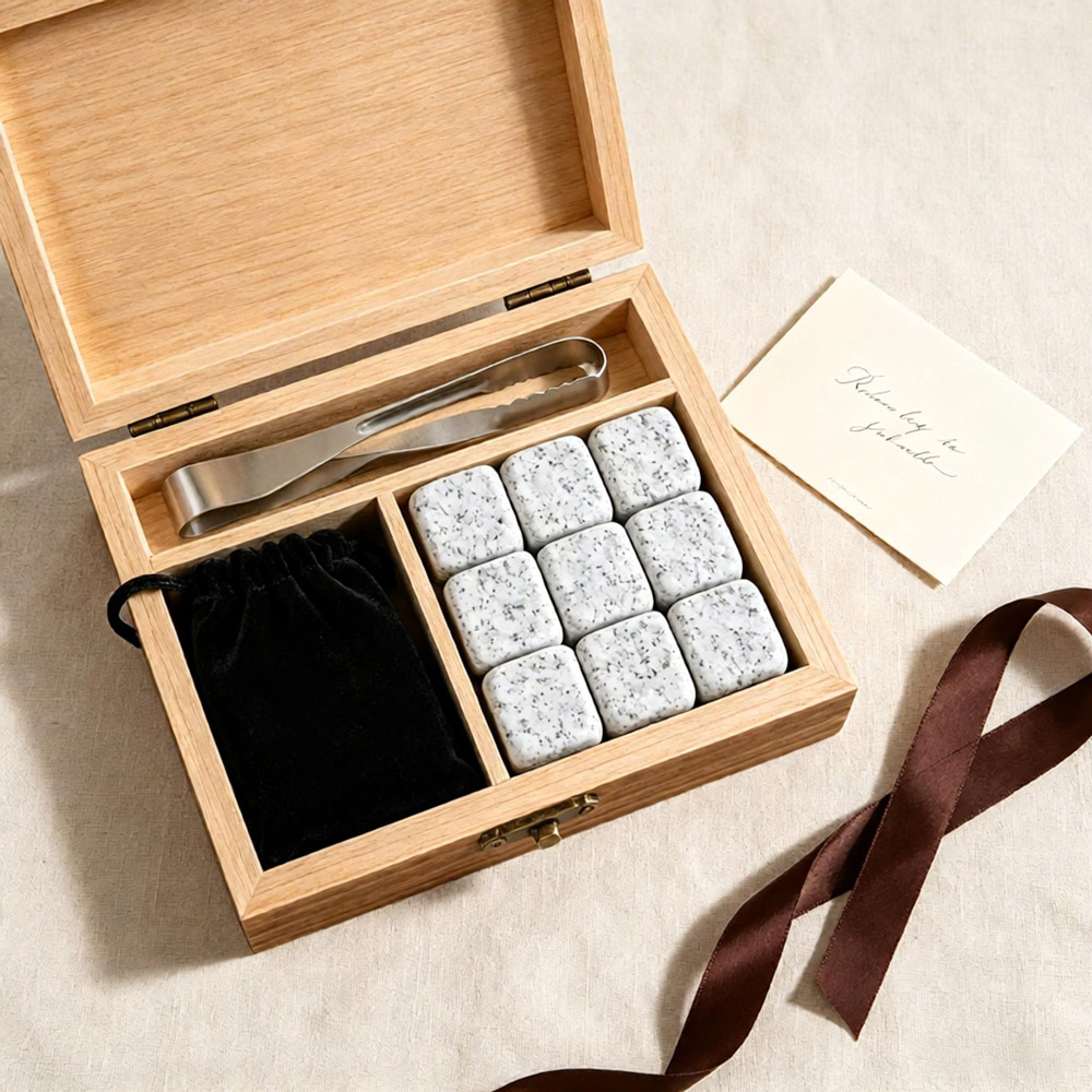 Premium white granite whiskey stones full set with bag and tongs